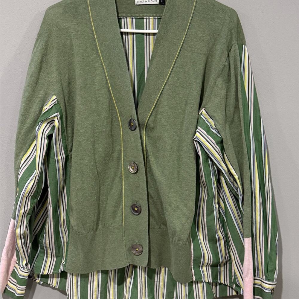 Zaket & Plover Stripe Trim Mixed Media Cardigan Green Large Cotton Silk Blend - Picture 8 of 8